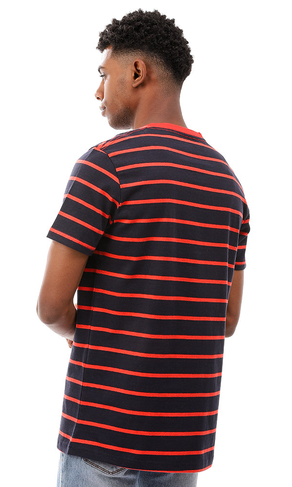 Striped V-Neck Standard Fit T-Shirt - Navy & Red - 94970