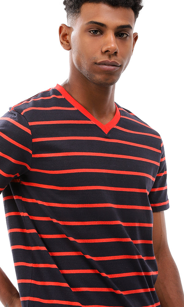 Striped V-Neck Standard Fit T-Shirt - Navy & Red - 94970