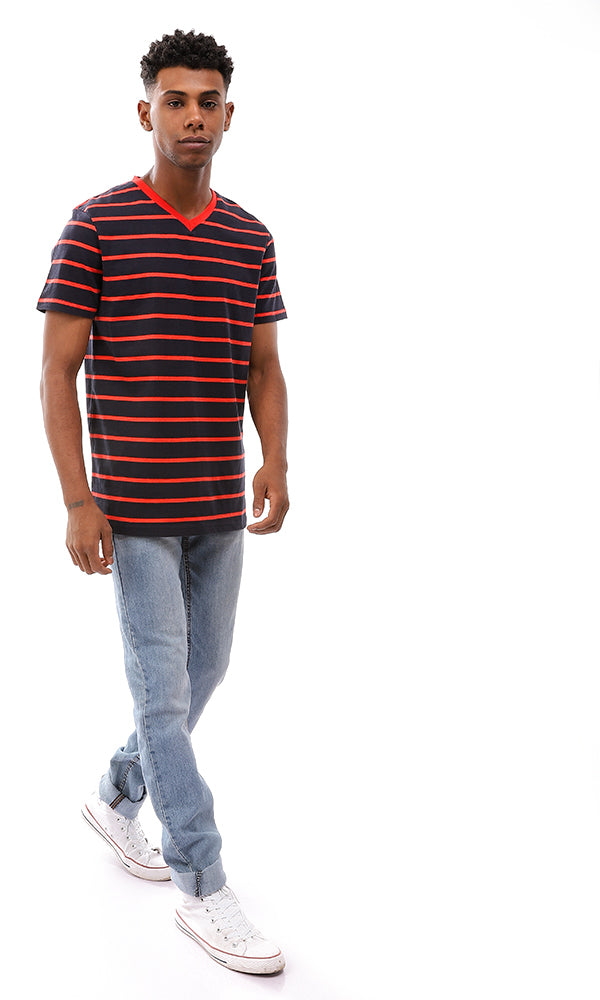 Striped V-Neck Standard Fit T-Shirt - Navy & Red - 94970