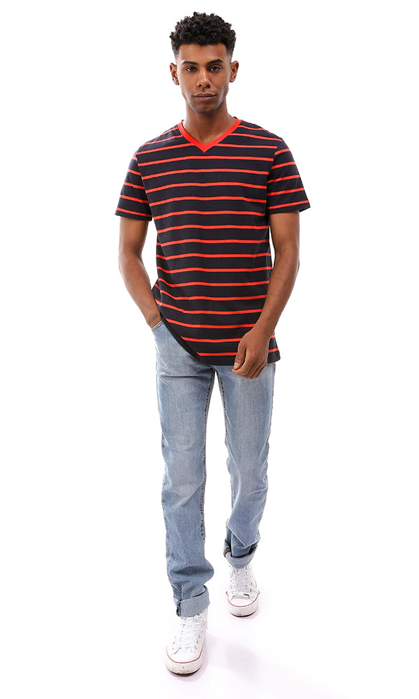 Striped V-Neck Standard Fit T-Shirt - Navy & Red - 94970