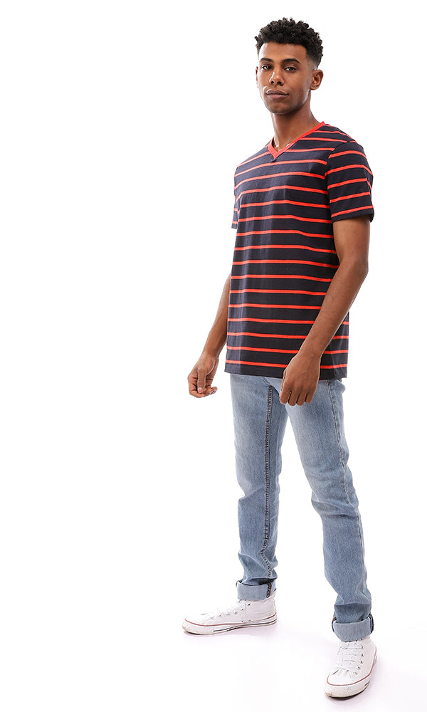 Striped V-Neck Standard Fit T-Shirt - Navy & Red - 94970
