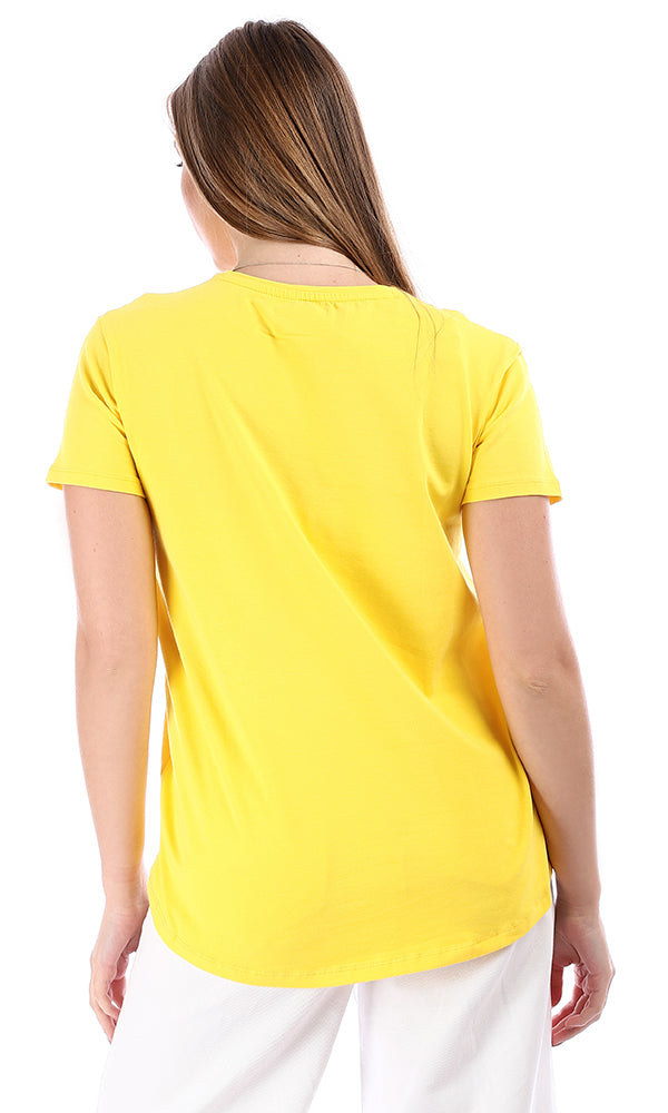 95037 High Low Printed Scoop Neck T-Shirt - Yellow