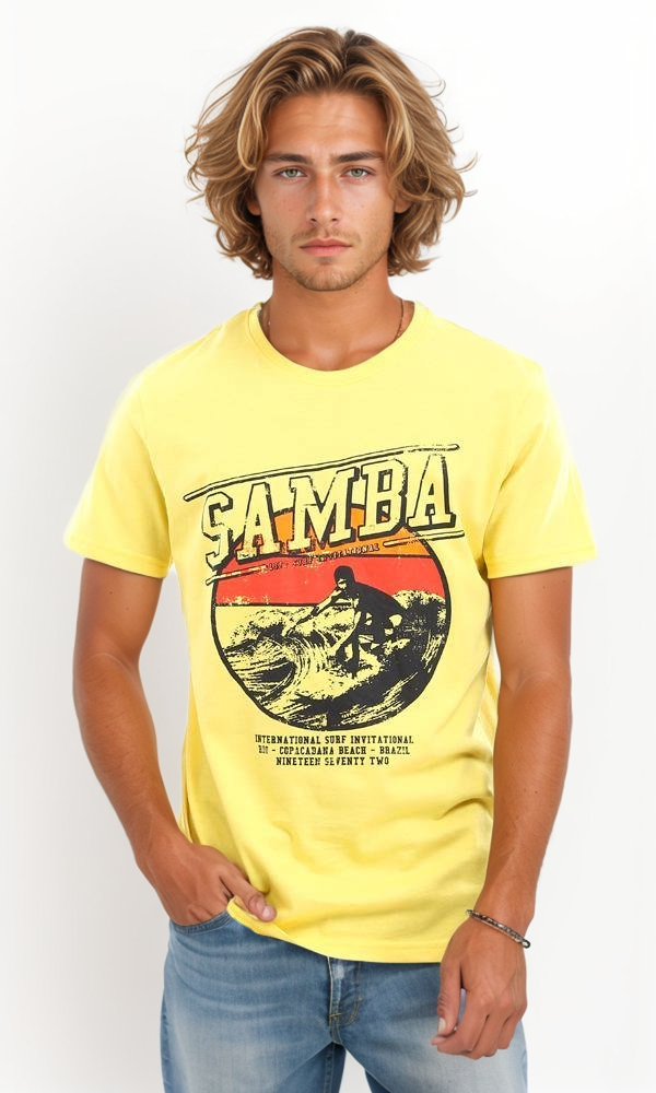 95088 "Samba" Surfing Printed Summer T-Shirt - Medium Yellow