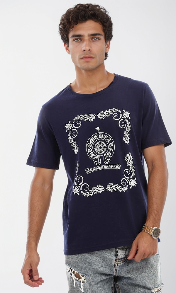 95124 Short Sleeves Navy Blue Printed Cotton T-Shirt
