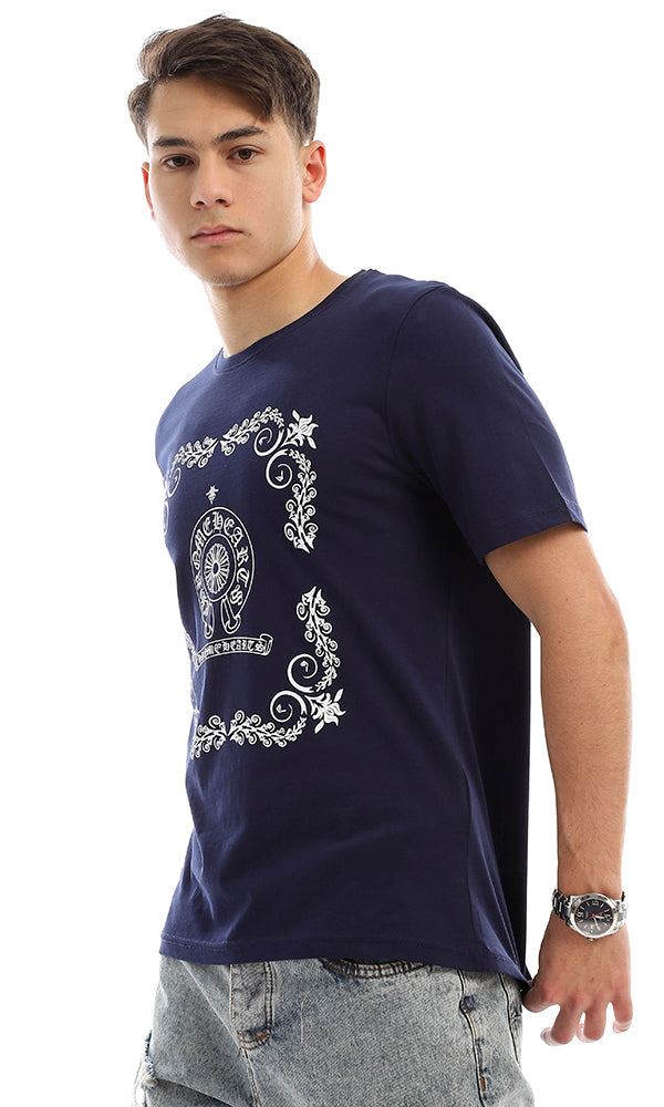 95124 Short Sleeves Navy Blue Printed Cotton T-Shirt