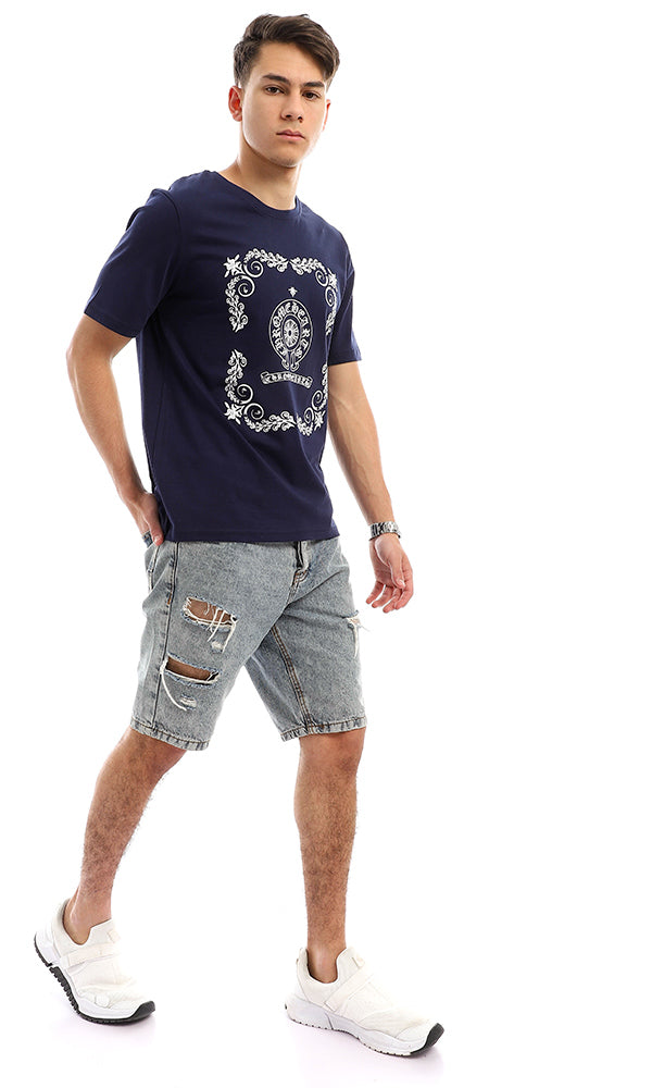 Ornate Graphic Print Navy Jersey T-Shirt - 95124