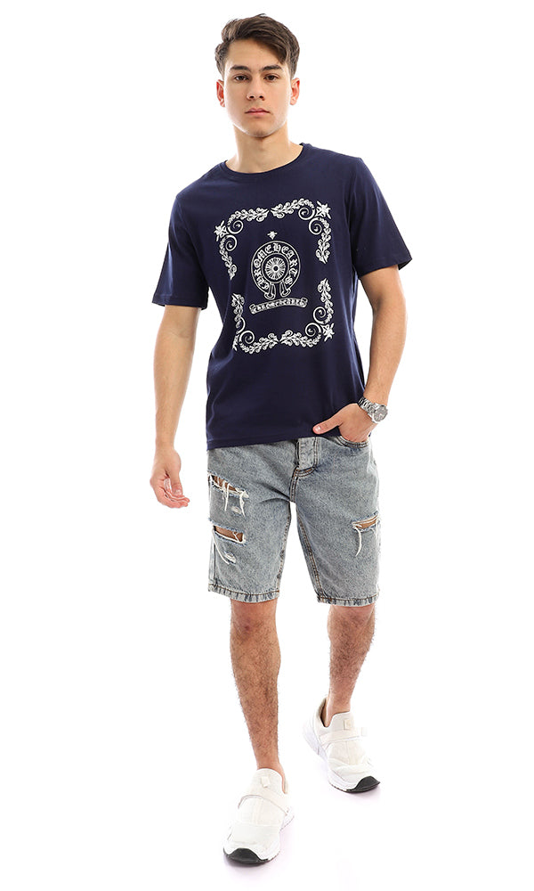 Ornate Graphic Print Navy Jersey T-Shirt - 95124