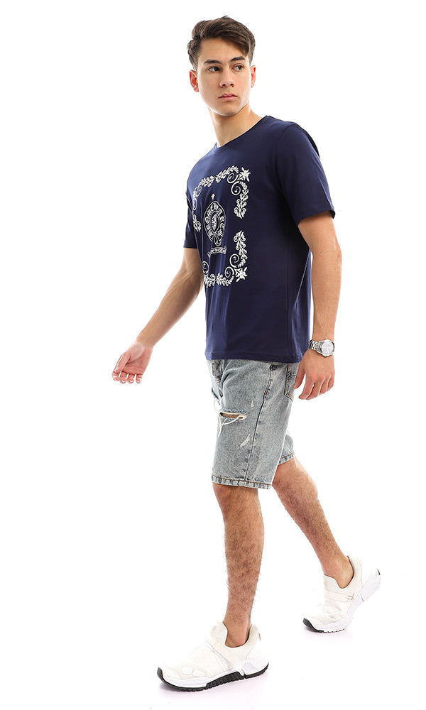 Ornate Graphic Print Navy Jersey T-Shirt - 95124
