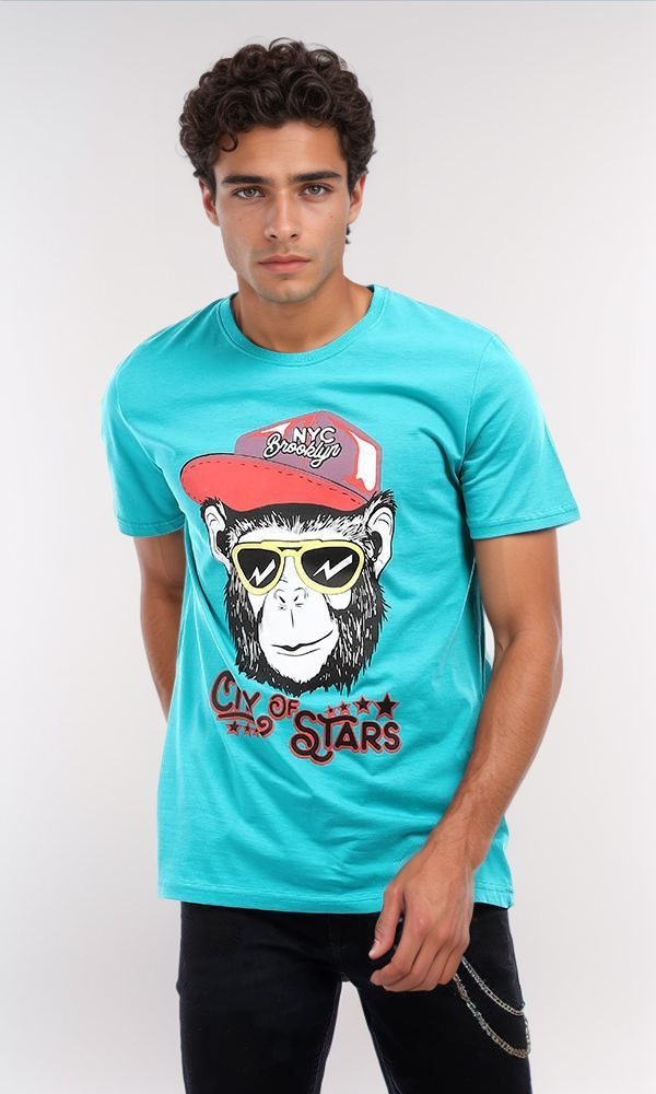 95130 Crewneck Summer Printed "Monkey" T-Shirt - Turquoise