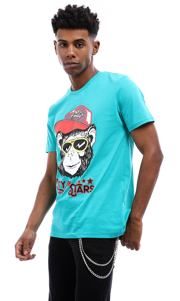 95130 Crewneck Summer Printed "Monkey" T-Shirt - Turquoise