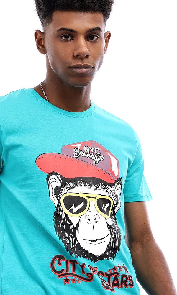 95130 Crewneck Summer Printed "Monkey" T-Shirt - Turquoise