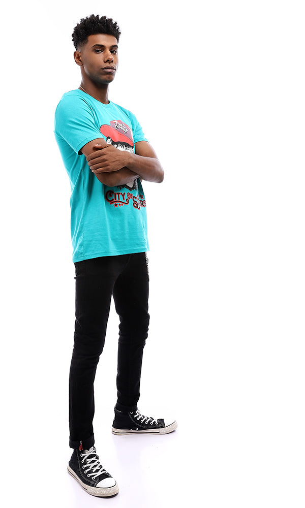 95130 Crewneck Summer Printed "Monkey" T-Shirt - Turquoise