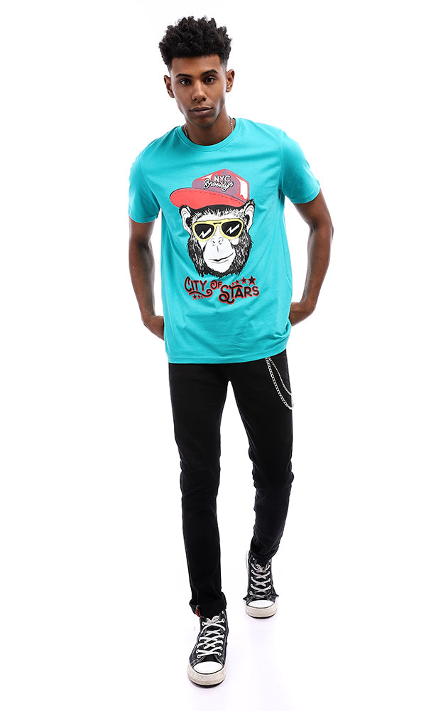 95130 Crewneck Summer Printed "Monkey" T-Shirt - Turquoise