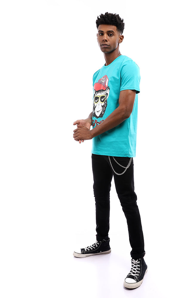 95130 Crewneck Summer Printed "Monkey" T-Shirt - Turquoise