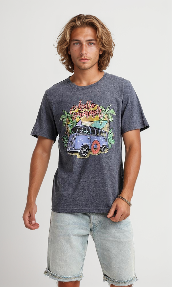 95148 Printed "Hello Summer" Heather Navy Blue Cotton Tee