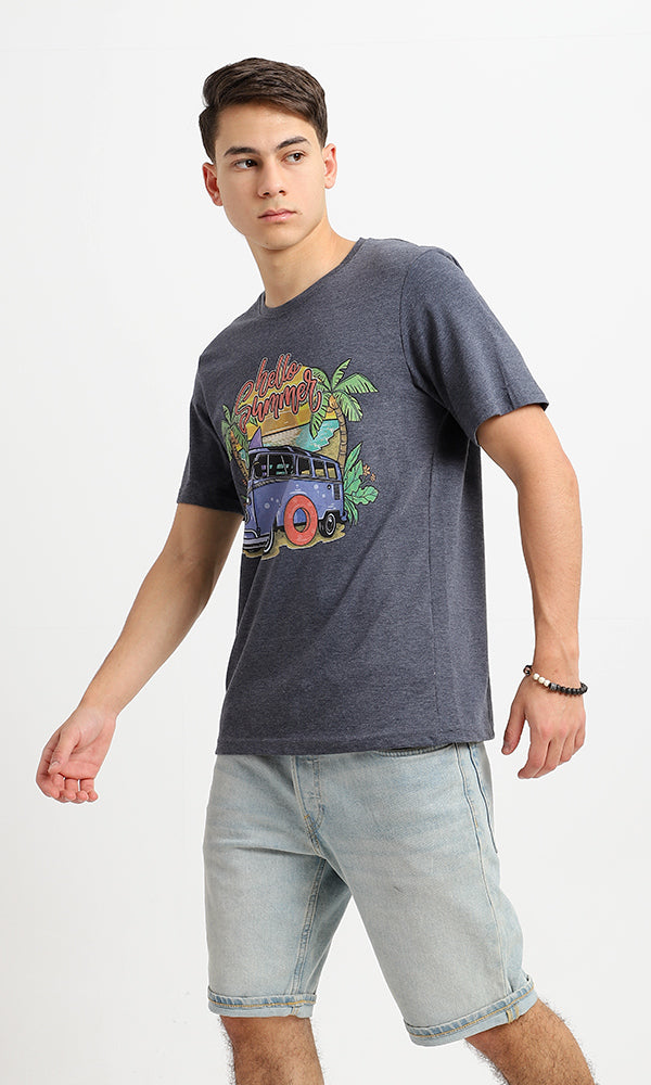 95148 Printed "Hello Summer" Heather Navy Blue Cotton Tee