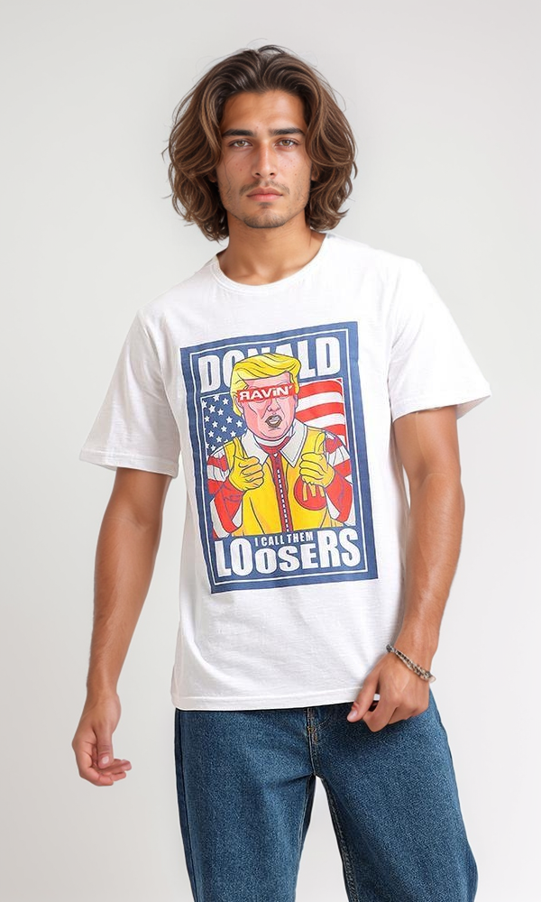 Satirical Graphic Print Crew Neck White Tee - 95190