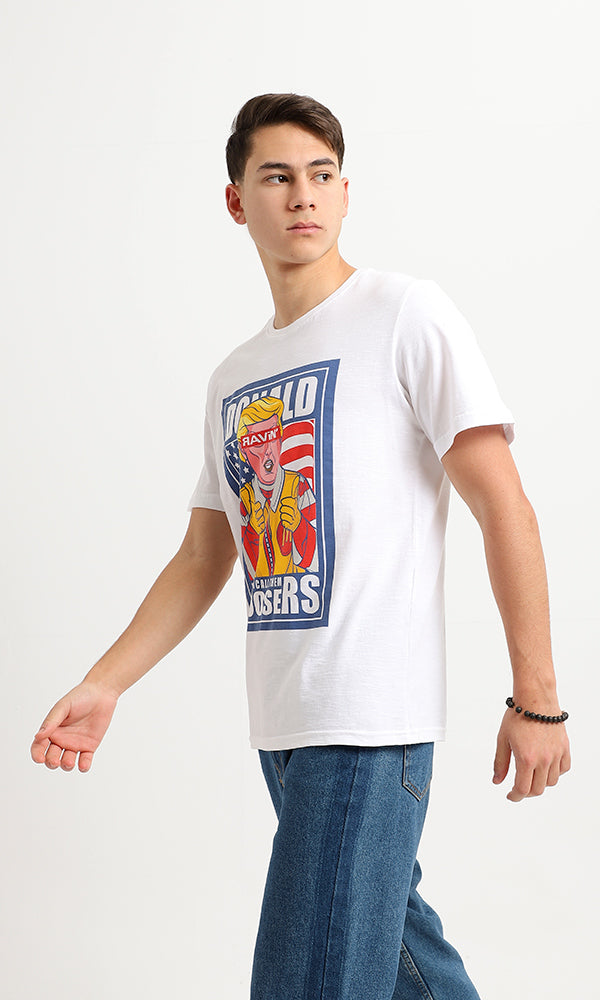 Satirical Graphic Print Crew Neck White Tee - 95190