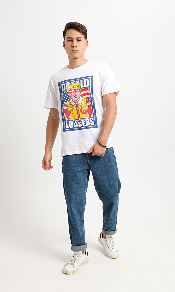 Satirical Graphic Print Crew Neck White Tee - 95190