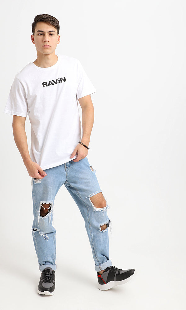 95194 Front & Back Print White Crew Neck Cotton Tee