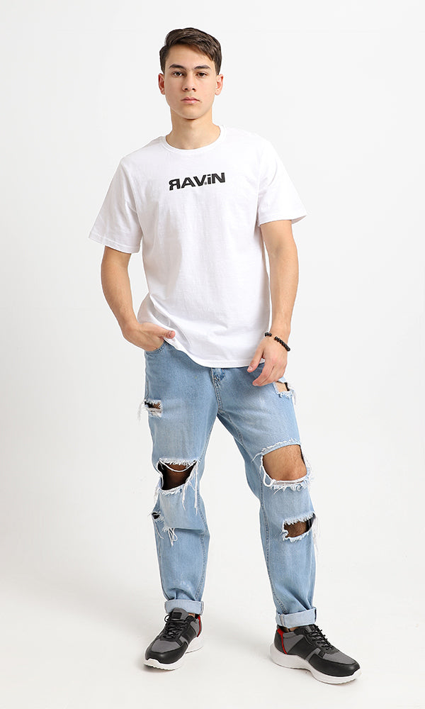 95194 Front & Back Print White Crew Neck Cotton Tee