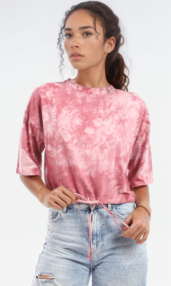 Dark Pink Tie-Dye Cropped Mock Neck Drawstring Tee - 95284