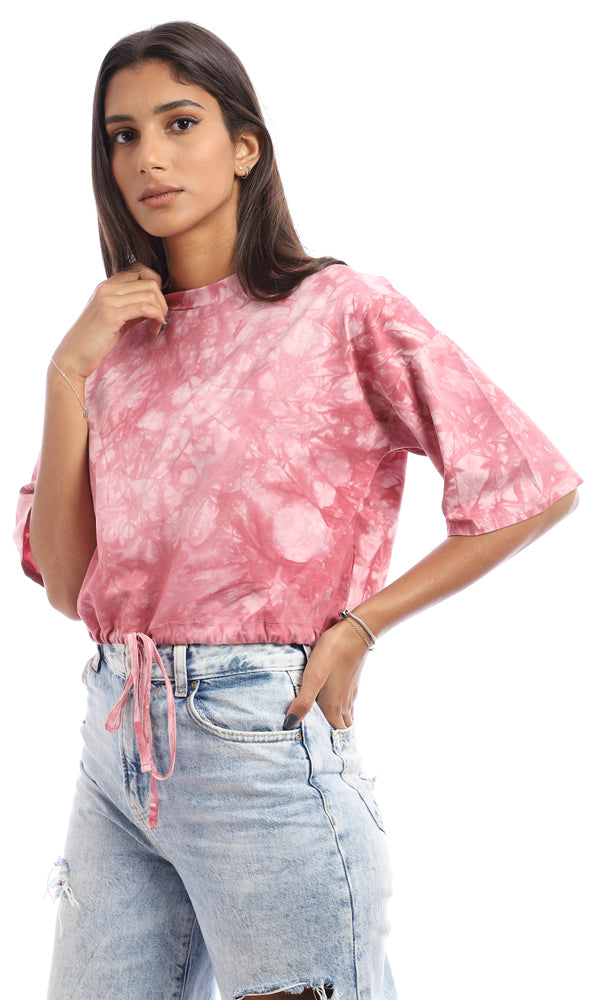 Dark Pink Tie-Dye Cropped Mock Neck Drawstring Tee - 95284