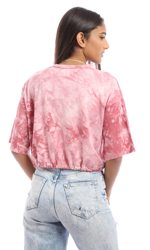 Dark Pink Tie-Dye Cropped Mock Neck Drawstring Tee - 95284