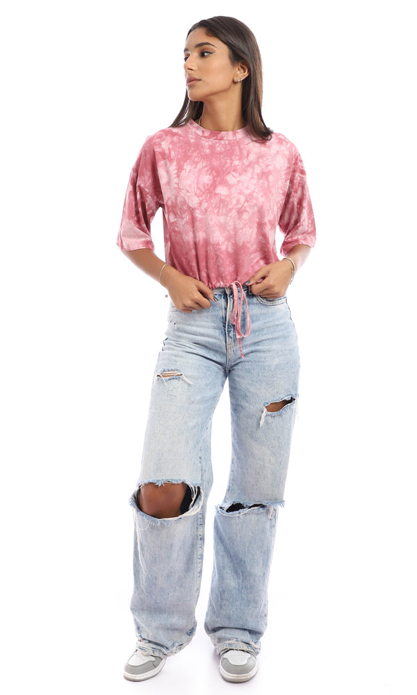 Dark Pink Tie-Dye Cropped Mock Neck Drawstring Tee - 95284