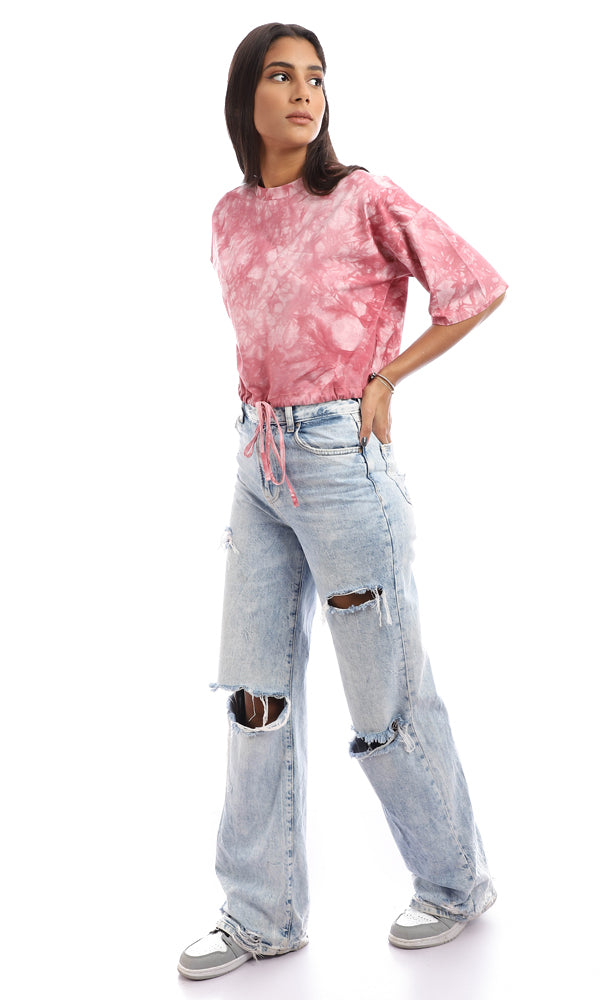 Dark Pink Tie-Dye Cropped Mock Neck Drawstring Tee - 95284