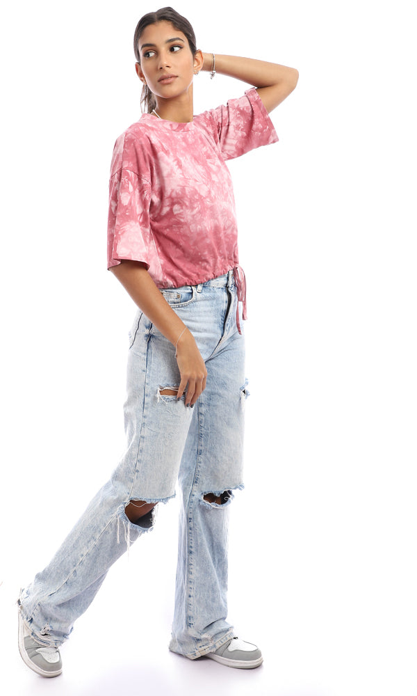Dark Pink Tie-Dye Cropped Mock Neck Drawstring Tee - 95284