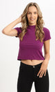 95285 Ribbed Mock Neck Short Sleeves Purple Cropped Top