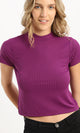 95285 Ribbed Mock Neck Short Sleeves Purple Cropped Top