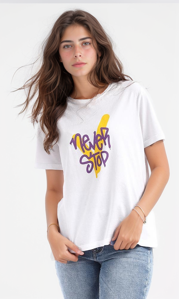 95312 " Never Stop" Printed White Cotton Tee