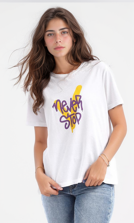 95312 " Never Stop" Printed White Cotton Tee