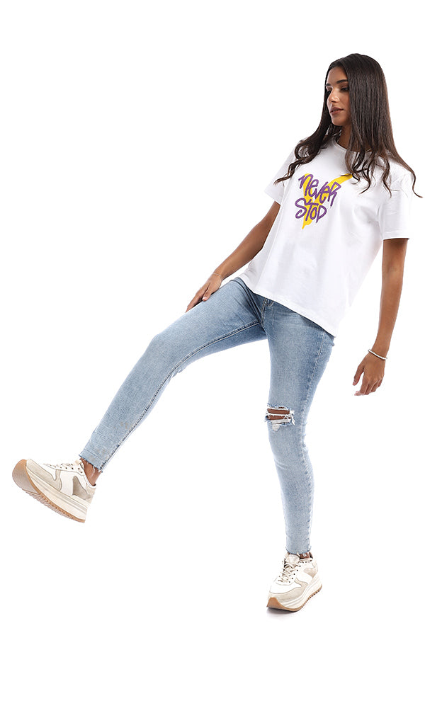 95312 " Never Stop" Printed White Cotton Tee