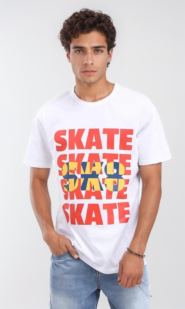 تي شيرت بطباعة "Skate - SK8" قطن لون أبيض
