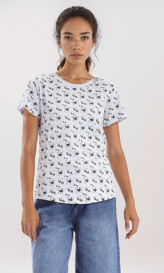 95464 Printed Dog Round Neck Powder Blue Summer Tee