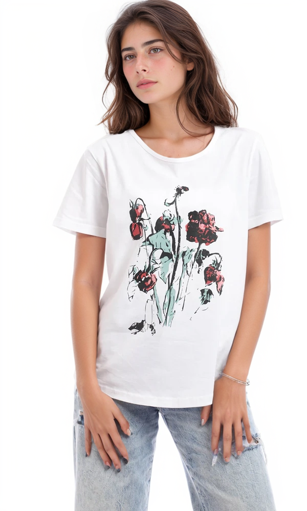 95466 Cotton Printed Round Collar T-Shirt - White