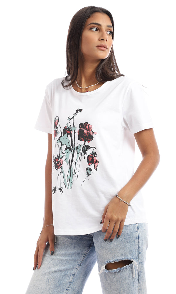 95466 Cotton Printed Round Collar T-Shirt - White