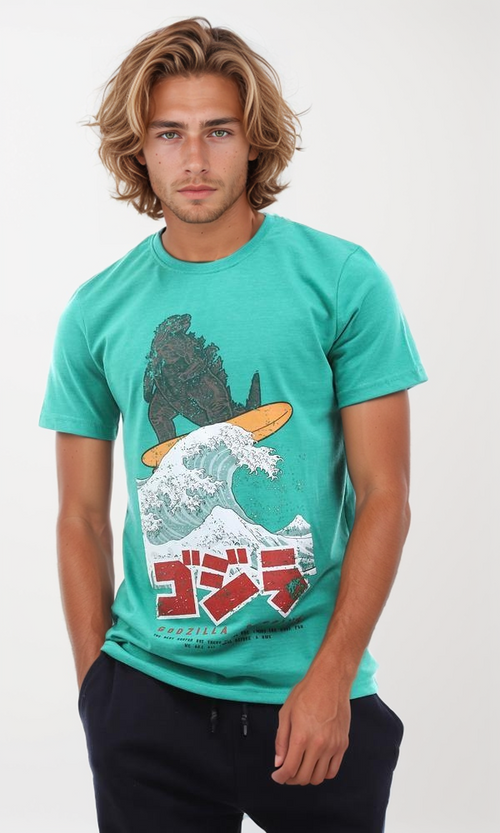 95573 Printed Cool Godzila Surfing Heather Green T-Shirt