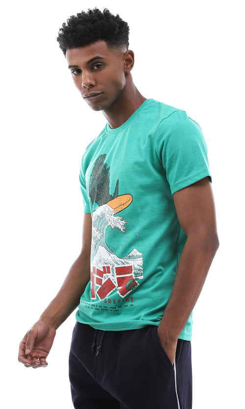 95573 Printed Cool Godzila Surfing Heather Green T-Shirt