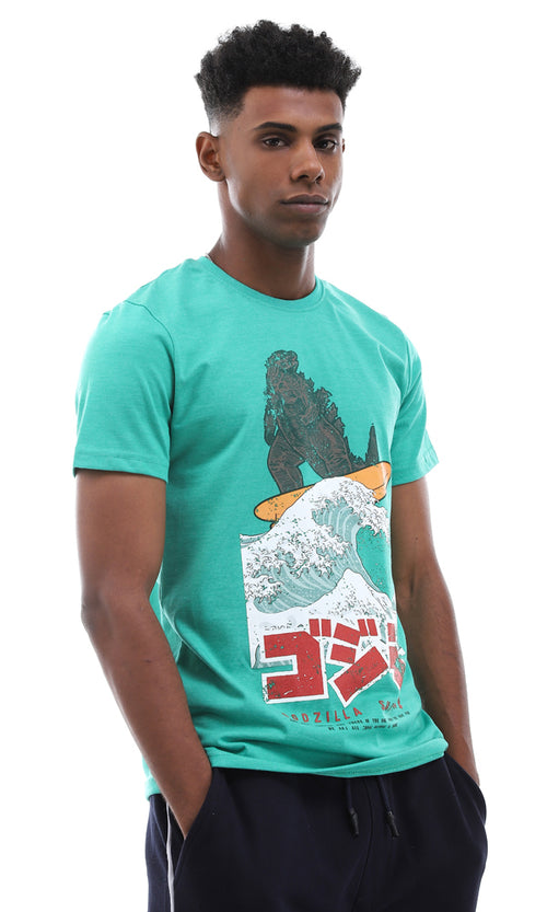 95573 Printed Cool Godzila Surfing Heather Green T-Shirt
