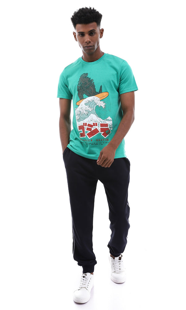 95573 Printed Cool Godzila Surfing Heather Green T-Shirt