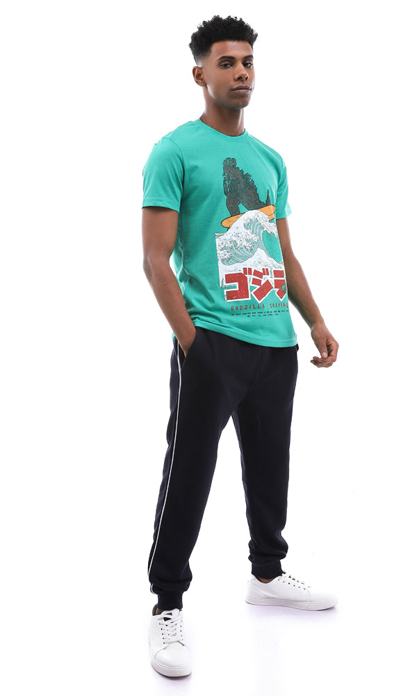 95573 Printed Cool Godzila Surfing Heather Green T-Shirt