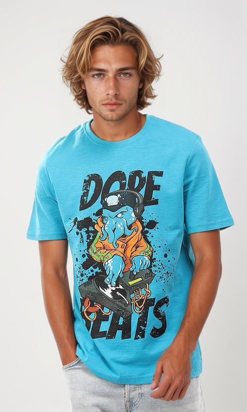 95574 Turquoise Printed Cotton Summer T-Shirt