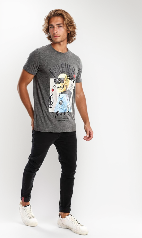 "Stay True" Skull Graphic Heather Jersey Tee - 95722