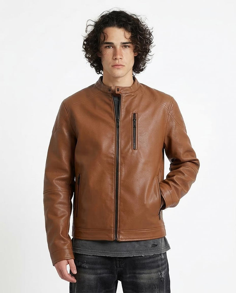 Man wearing a brown leather jacket on a white background