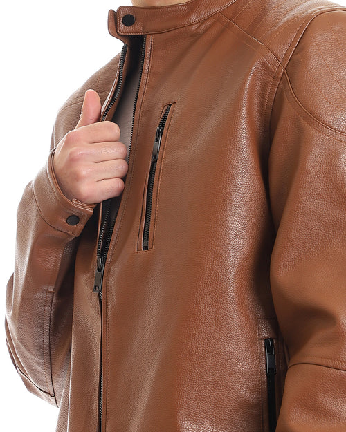 Ravin Men's Cognac Faux-Leather Cafe Racer Jacket - 95853