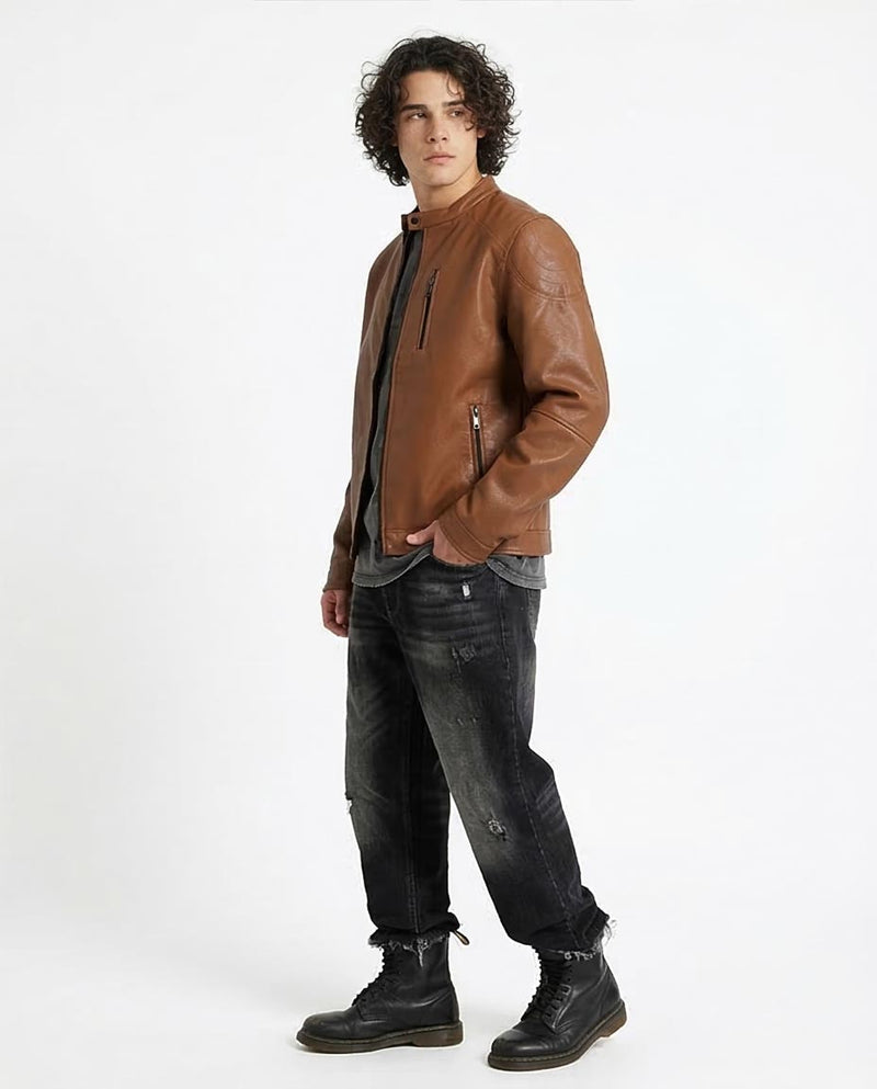 Ravin Men's Cognac Faux-Leather Cafe Racer Jacket - 95853